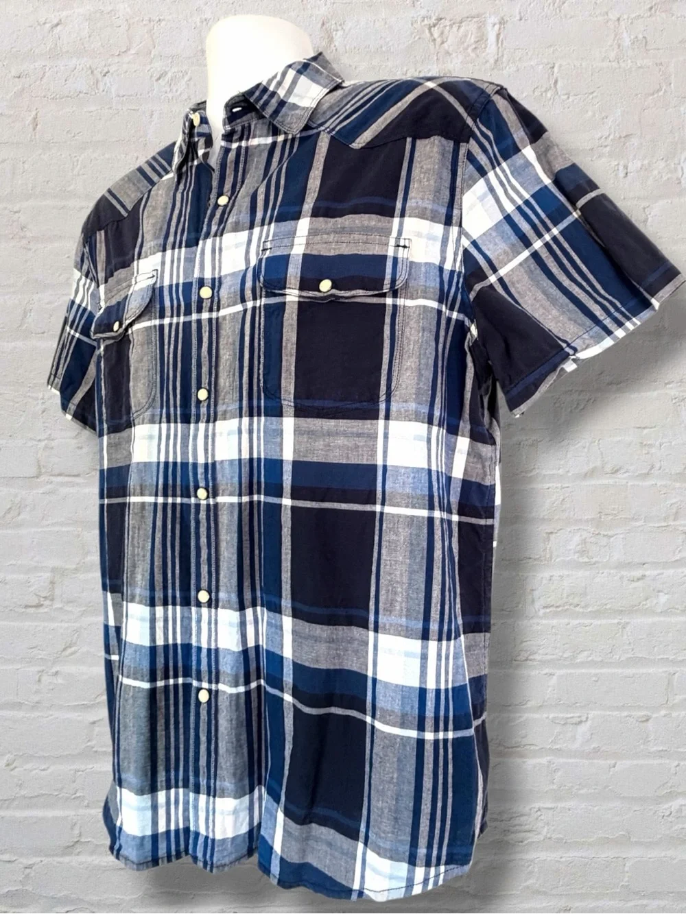 Lucky Brand Mens L Blue Plaid Short Sleeve Western Yoke Button Down Shirt